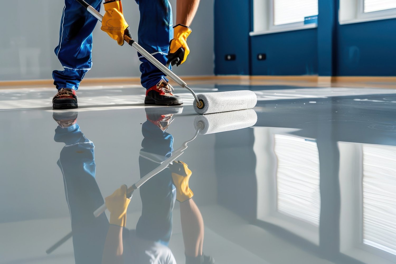 Epoxy floor coating being applied with a roller